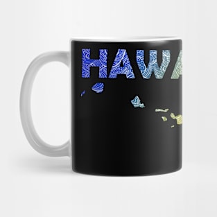 Colorful mandala art map of Hawaii with text in blue and yellow Mug